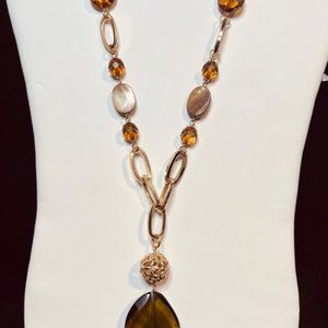 Gold Tone Curb Chain Necklace With Olive Green, Brown And Abalone Shell (4128)